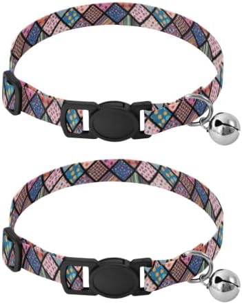 2 Pack Kitten Collar Colorful Geometric Squares Cat Collars with Bell, Adjustable 10.6 to 17.1 Inches