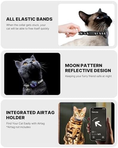 typecase Reflective Breakaway Cat Collar with AirTag Holder, Black/Blue | Black Reflective Breakaway Cat Collar With Bell And Silicone AirTag Holder; Adjustable 8-12 In; AirTag Not Included