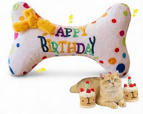 2PCS Birthday Celebration Party Gift Bone Stylish Squeaky for Aggressive Chewers, Durable for Teething, Interactive Plush Sausage Toys for Boredom and Anxiety Relief