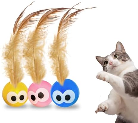 Bouncy Tails 3-Pack Cat Ball Toy with Natural Feathers, Interactive Cat Toys for Bored Indoor Adult Cats, Feather Cat Toy for Indoor Cats and Playful Kittens