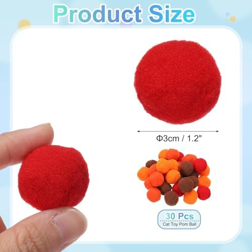 Cat Toy Pom Ball, Interactive Cat Ball Toys Fuzzy Pompoms (Plush, 1.2Inch, 30Pcs, Orange-Red Tones) for Kittens Pet Enrichment Training Play Indoor
