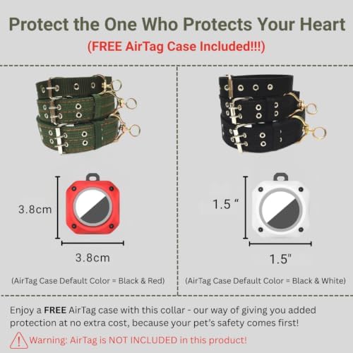 Tactical Heavy Duty Nylon Dog Collar for Large & Medium Dogs - Includes AirTag Compatible Case - Double-Lock Buckle & Reinforced D-Ring (Black, Large: Width = 2"; Neck = 16" - 22")