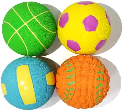 Squeaky Dog Balls, Interactive Funny Puppy Chew Toys for Fetch Play to Keep Them Busy, Latex Rubber Pet Tennis Soccer Ball Toy Bundle (4 Pack) for Medium Breed Dogs