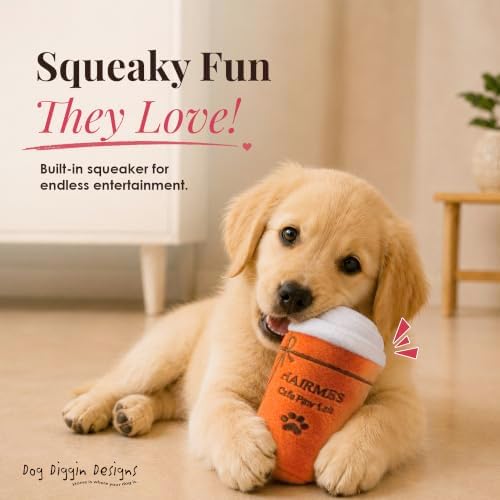 Dog Diggin Designs Hairmes Café Paw Lait Plush Dog Toy – Coffee Cup Squeaky Parody Dog Toy, Soft Fashion Inspired Interactive Pet Toy for Small to Medium Dogs