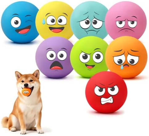 Squeaky Balls for Small Dogs, 2.4" Soft Latex Squeaky Dog Ball Toys, Emoji Smile Face Rubber Bouncy Balls, Puppy Teething Chew Toys for Small & Medium Dogs (2.4"-Pack C)