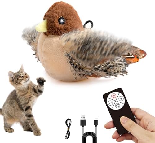 Interactive Chirping Bird Cat Toy, Rechargeable Automatic Cat Toy with Real Bird Sound and Feather Tail, Kicker Toy for Indoor Cats and Kittens
