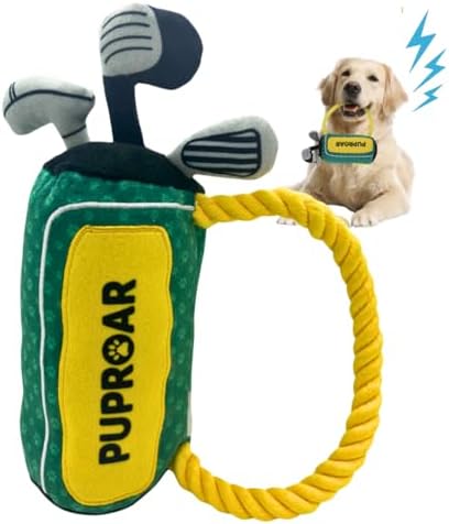 PUPROAR Golf Dog Toy, Dog Birthday Gift, Funny Squeaky Plush Rope Golf Bag Toy for Small, Medium & Large Breeds