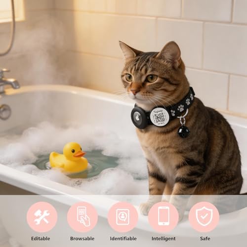QR Code AirTag Cat Collar Breakaway Reflective with Bell - Digital Pet ID Tag for Lost Cat Recovery, Black Paw Print Design