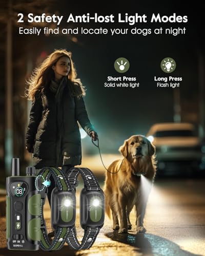 SLOPEHILL Dog Shock Collar 2 Dogs (8-140Lbs),4200FT Dog Training Collar | IP68 Waterproof e Collar with Beep,Vibration,Safe Shock,Flash Light,No Shock Model,Shock Collar for Dogs with Remote,Green