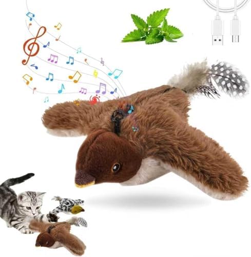 Interactive Flying Bird Cat Toy with Flapping Wings & Chirping Sounds - Rechargeable Cat Toys Interactive for Bored Indoor Adult Cats, Electric Simulation Pet Toy for Cats & Dogs (Brown)