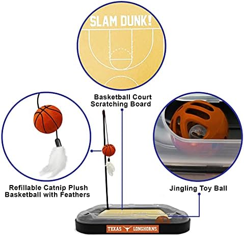 CATS SCRATCHER NCAA Texas Longhorns Basketball Court CAT Scratcher Toy with Catnip Filled Plush Basketball Toy & Feather Cat Toy Hanging, with Jingle Bell Interactive Ball Cat Chasing 5-in-1 Kitty Toy