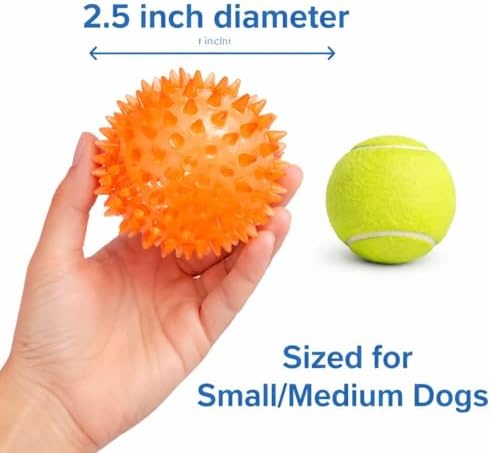 Squeaky Spiky Dog Balls for Teeth Cleaning & Gum Massage 2.5 Inch Small Medium Dogs Orange | Spiny TPR Rubber Chew Toys for Fetch Play Interactive Bouncy Dental Balls BPA Free Nontoxic Floats - 3 Pack