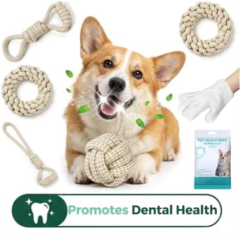 Dog Rope Toys 5 Pack, 100% Natural Cotton Puppy Chew Toys for Small Medium Dogs, Durable Tug of War Toy for Aggressive Chewers, Teeth Cleaning & Boredom Relief, with Pet Wipes