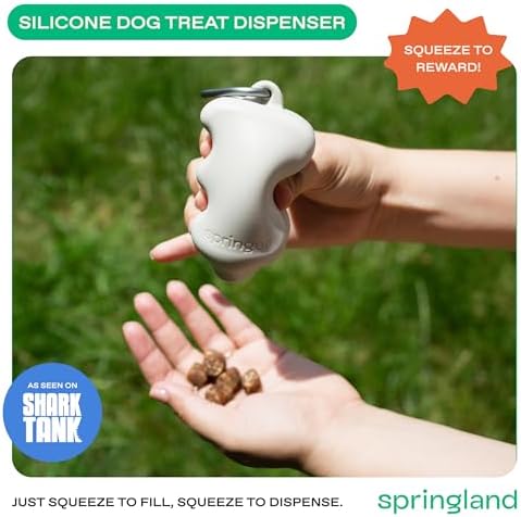 Springland Silicone Dog Training Treat Pouch for Leash, Oat | One-hand squeeze dispenser, food-grade silicone, BPA-free, carabiner included, easy-fill holder for rewards on the go