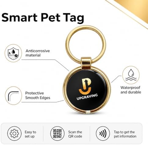 Premium Gold Personalized Pet ID Tag with NFC & QR Code: Silent, Waterproof & Durable Pet Tracker for Dogs & Cats - Instant Location Alerts