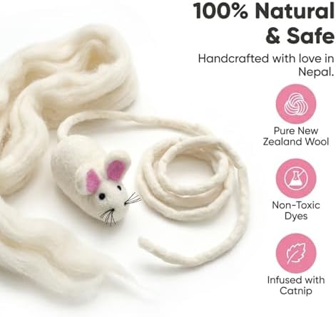 Glaciart One XXL Felt Mouse Cat Toy – 6” Body + 98” Tail – Large Cat Enrichment Toy – 100% Natural Wool with Catnip – Interactive Teaser for Big Cats – Safe Non-AZO Dyes