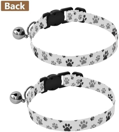 Black Gray Dog Paw Prints White Cat Bell Collar 2 Pack Kitten Collar Adjustable Length 10.6" to 17.1"