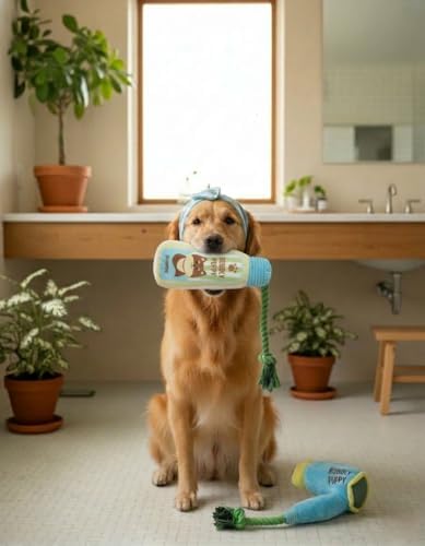 2-Pack Funny Squeaky Dog Toy Bundle - Cute Shampoo Bottle & Hair Dryer Plush Set - Interactive Spa Themed Soft Stuffed Toys for Puppies, Small & Medium Dogs - Dog Enrichment & Gift Set
