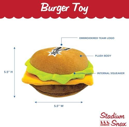Pets First NBA San Antonio Spurs Cheese Burger Plush Dog & CAT Squeak Toy - Cutest Stadium HAMBERGER Snack Plush Toy for Dogs & Cats with Inner Squeaker & Beautiful Basketball Team Name/Logo