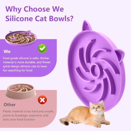 2Pcs Silicone Slow Feeder Cat Bowl,Puzzle Feeder,Interactive Toys,Slow Feeding cat Bowl Suitable for All Dry and Wet Foods,Easy to Clean Silicone Bowls(Orange and Purple)