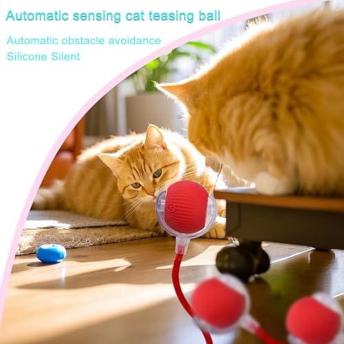 Interactive Cat Dog Toy Ball: Indoor Automatic Moving Smart Rolling Fun Pet Game with Led Light and Tail for Motion Activated, Kitten Puppy Present, Chase Exercise, Hunting Simulation-Upgrade (Red)
