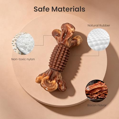 BoYoYo Indestructible Dog Chew Toys for Aggressive Chewers, Tough Dog Toys for Large & Medium Dogs, Dog Chew Bones Long Lasting to Keep Them Busy, Durable Bacon Flavored Toy, Brown
