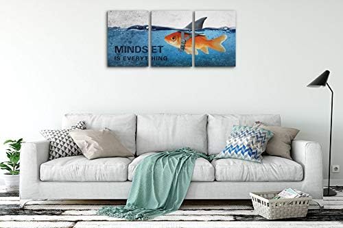 3 Panels Modern Framed Inspirational Canvas Wall Art Goldfish Body Strong Shark Heart Mindset is Everything Motivational Wooden Decor Posters for Office Gym Classroom Home Decoration(60''W x 28''H)