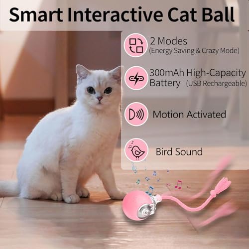 Pink Interactive Cat Toy,Automatic Moving Cat Toys for Bored Indoor Adult Cats,Fast Rolling,Chirping & Motion-Activated Kitty Toys,Fun Gift for Cats with Speedy 2.0 Tail,USB Rechargeable