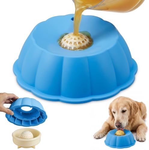 Dog Lick Bowl Ball Slow Feeder, Licking Bowl for Liquid Treat with Rolling Spin Sphere Roller Licker, Licky Feed Calming Anxiety Relief Enrichment Yogurt (Blue)