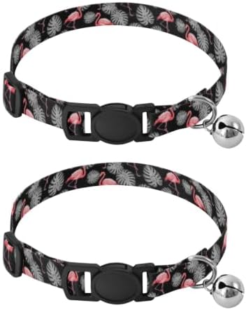 Flamingos Gray Tropical Leaf Black Cat Neck Collar, 2 Pack Dog Collar with Bell