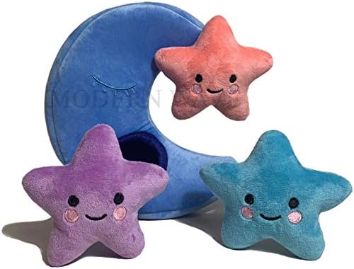 MODERN WAVE - Interactive Squeaky Plush Hide and Seek Squirrel Type Puzzle Toy for Dogs, Small Size (Moon and Stars)