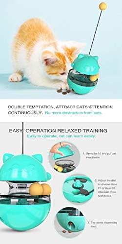 Premium Cat Treat Dispensing Toy, Wobbler Interactive Cat Feeder with Teaser Wand, Adjustable Slow Feeder Ball for Indoor Cats, Kitten Entertainment & Mental Stimulation (Blue)