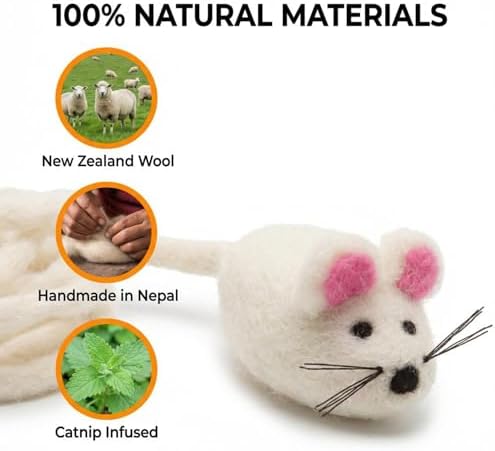 Glaciart One Felt Mouse Cat Toy – Soft Fuzzy Enrichment 100% Natural Wool - Interactive Catnip Play Cat Toy Set - Safe for Pets, Non-AZO Colored Dyes - 42” Long