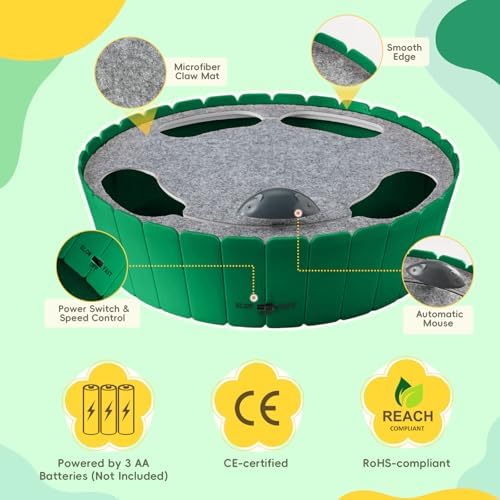 Pawaboo Interactive Cat Toy with Running Mouse, Automatic Track Kitten Toy | Electronic Motion Cat Toy for Indoor Cats, Pop and Play Hide Seek Cats Toys Hunting Mouse for Kitty Play Exercise, Green