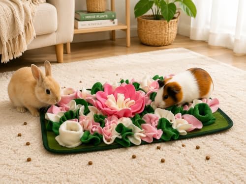 Rabbit Busy Snuffle Mat,Hamsters Foraging Mat for Small Animals Bunny Puzzle Toys Pets Interactive Feeding Mat for Guinea Pigs Hedgehog Chinchilla Puppies (Pink)