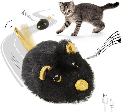 Cat Toys Squeaky Rechargeable Moving Mouse with Dynamic Magic Tail, Automatic Self Play Cat Toy for Indoor Kittens (Black)