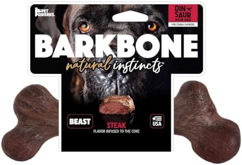 Pet Qwerks Dinosaur BarkBone - Nylon Dog Bone for Aggressive Chewers - Steak Flavor - 6.5", Small (Pack of 4)