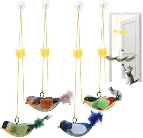 4 Pcs Interactive Cat Toys for Indoor Cats, Chirping Bird Cats Feather Toys, Flying Bird Cat Toys, Chase Exercise Door Frame Toy for Bored Kittens Adult Cats