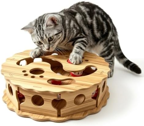 Wooden Cat Puzzle Toy - Interactive Cat Maze & Treat Dispenser Game Box with Track Balls - Mental Enrichment Toys for Indoor Cats & Kittens