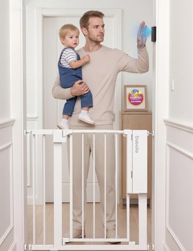 Babelio Smart Baby Gate with Auto-Unlock/Close, Pressure Mounted No Drill for Doorways/Top of Stairs. Pet/Dog Door Wide Walk Thru w/Infrared Sensor & Instant Safety Alert (White, 30.3-47.2" W, 30" H)