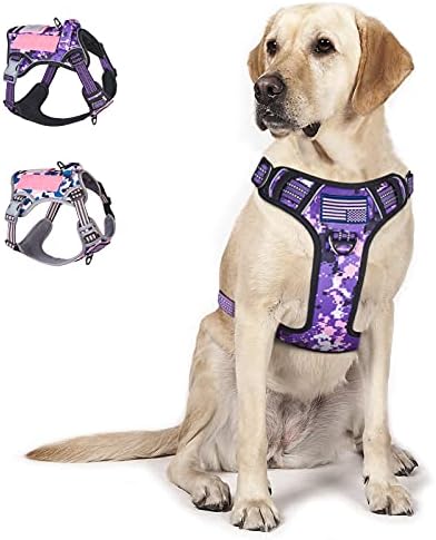 BUMBIN Tactical Dog Harness for Large Dogs No Pull, Famous TIK Tok No Pull Dog Harness, Fit Smart Reflective Pet Walking Harness for Training, Adjustable Dog Vest Harness with Handle Purple Camo L