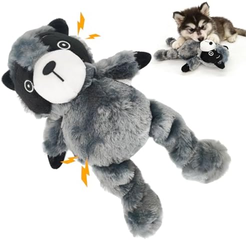 12.01 Inch Blue Grey Raccoon Squeaky Dog Toy, Plush Chew Toy with Bungee Legs for Puppy Teething, Indoor Outdoor Interactive Toy for All Dog Sizes