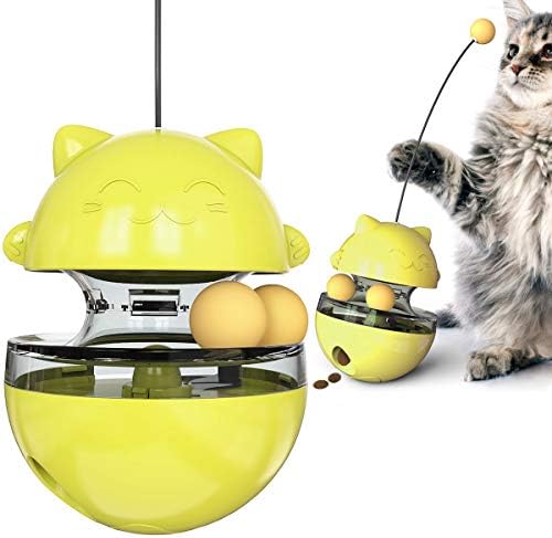Premium Cat Treat Dispensing Toy, Wobbler Interactive Cat Feeder with Teaser Wand, Adjustable Slow Feeder Ball for Indoor Cats, Kitten Entertainment & Mental Stimulation (Yellow)