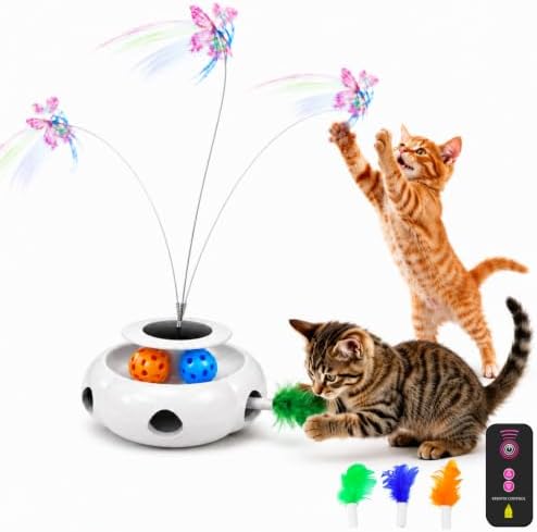 3-in-1 Interactive Cat Toy with Remote Control, Butterfly Wand & Automatic retractable feathers & Rolling Ball Track, Multi-functional Cat Toy for Indoor Cats, Suitable for Bored kitten, white