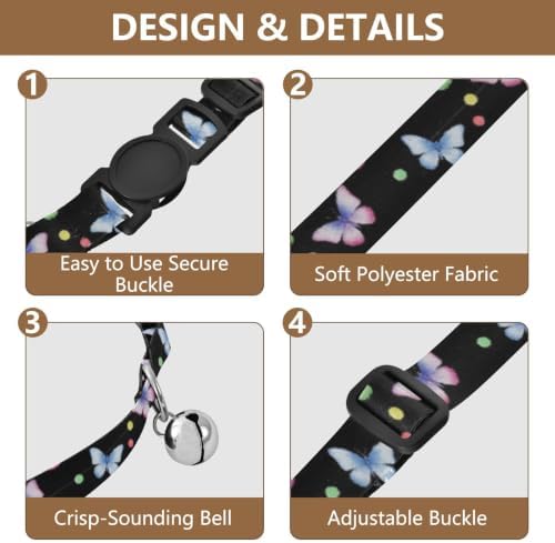 Butterflies Polka Dots Black Collars for Cats, 2 Pack Puppy Collar with Bell