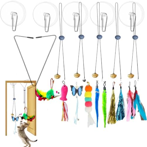 Door Hanging Cat Toys with Suction Cups, Interactive Hanging Feather & Plush Cat Toy with Bell, Assorted Replaceable Refills for Indoor Kitten Hunting Exercise (10 Pcs Assorted Set)