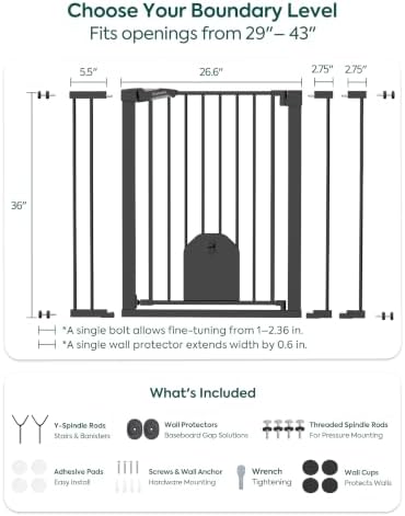 Babelio 36" Tall Baby Gate with Adjustable Cat Door, CatPrivilege I, 29-43" | Auto Close, Safety Gate for Stairs, Easy Walk Thru with Pet Door, Includes 4 Wall Cups and 3 Extension Pieces, Black