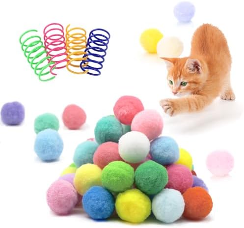 30 Pcs Premium Silent Cat Pom Pom Balls, Interactive Lightweight Assorted Colors Fuzzy Toy Balls (1.2 inches), with 4 Pcs Cat Spring Toy for Indoor Kitten Playing Exercising