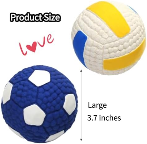 Squeaky Chew Dog Toys Interactive Sports Balls with Squeaker Soft Latex Rubber Bouncy Fetch Ball Toy (Soccer, Volleyball, Football, Tennis) for Puppy & Dog (Soccer+Volleyball,Large)