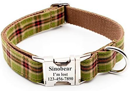 Custom Dog Collar Engraved ID Fabric for All Breeds (Green Plaid)